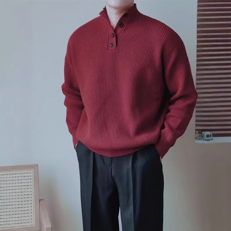 Autumn and Winter Pullover Buttoned High-Neck Loose Casual High-Quality Sweater for Men, Christmas Red, New Year Warm Drop-Shoulder Knit