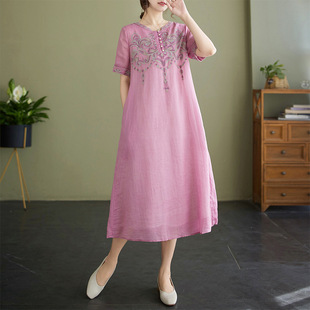 Sweet Fashion Simple Casual 2024 Summer New Artistic Ethnic Style Cotton Embroidery Loose Short-sleeved dress