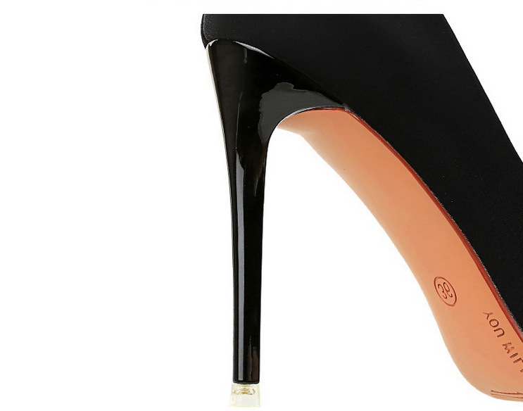 High heels Satin light mouth pointed metal rhinestone bow single shoe women's high heels_voghion.com