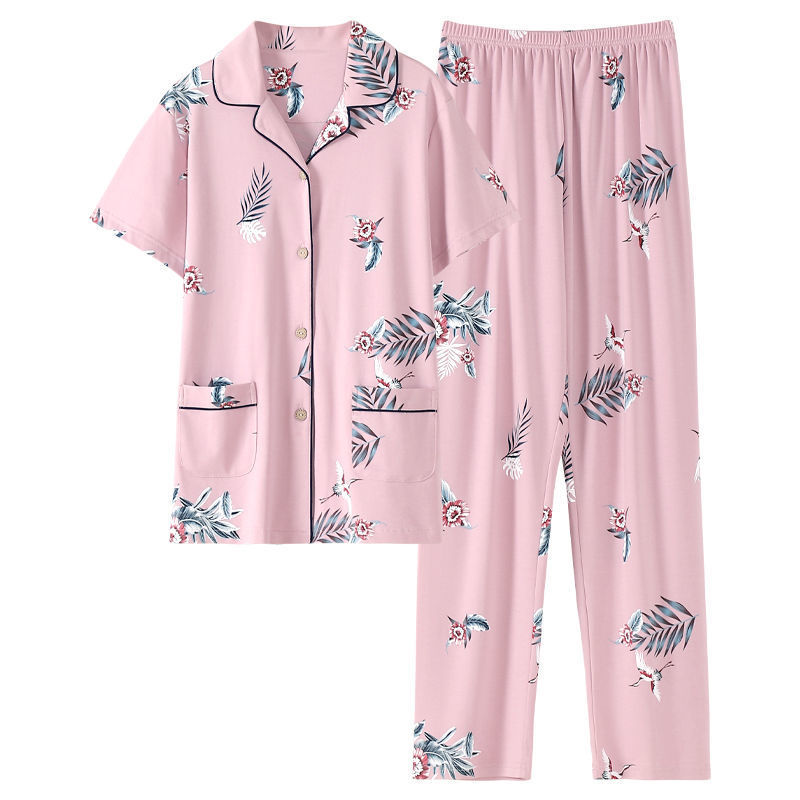 Pijama de algodón para mujer Pantalones de manga corta de verano más traje de chaqueta de mediana edad y madres de edad avanzada