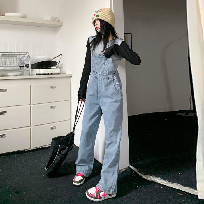 爆款牛仔阔腿背带裤女2025韩版显瘦高腰宽松减龄拖地牛仔背带裤子|undefined