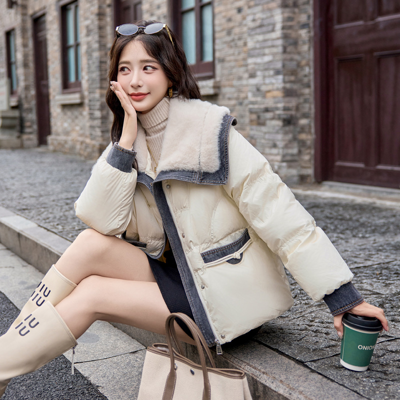 2025 스플라이스 데님 다운 재킷 라펠 스타일 코트 여성 다운 재킷 루즈 화이트 덕 다운 재킷