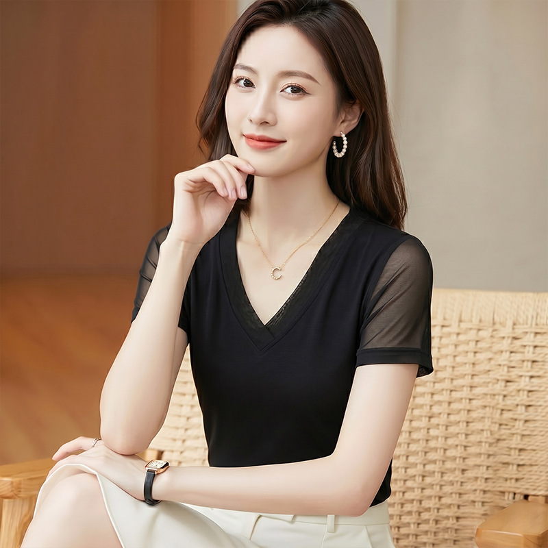 Simple And Versatile V-neck Short-sleeve Blouse For Women, New Summer...