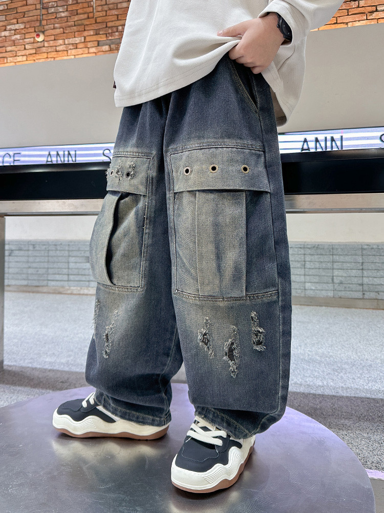 Jeans a gamba larga effetto used per bambine - Vita elasticizzata, comodo misto cotone, stile streetwear alla moda (120 cm-170 cm)_voghion.com