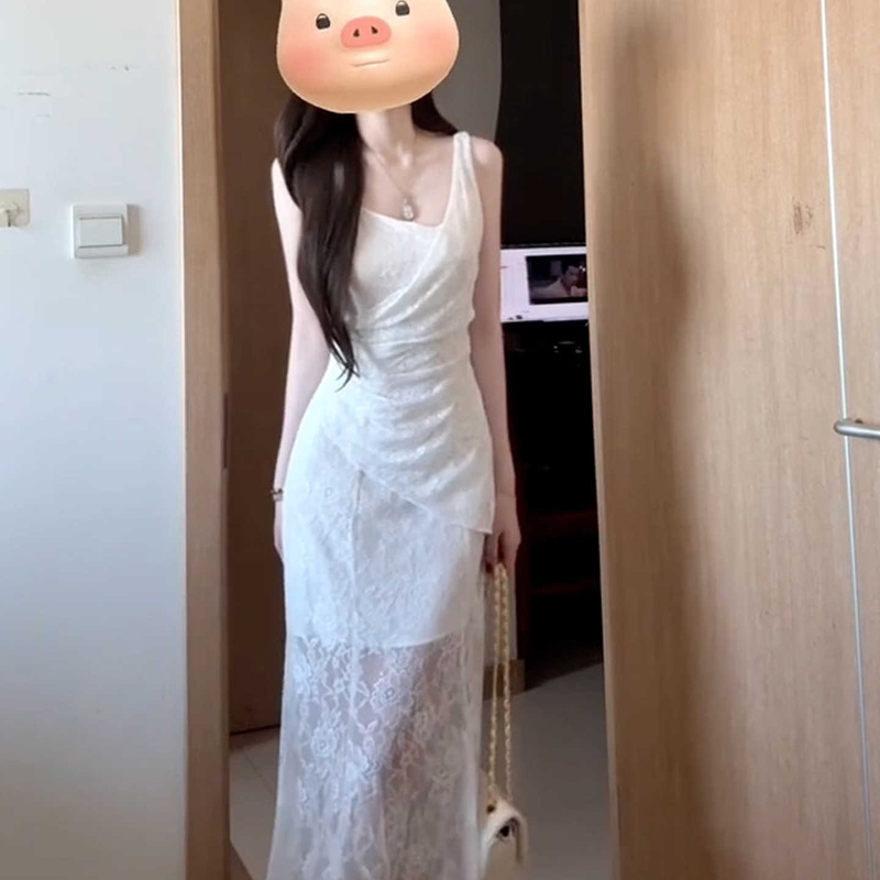 白色蕾丝吊带连衣裙子女夏季2025新款法式气质高级感修身包臀长裙|undefined