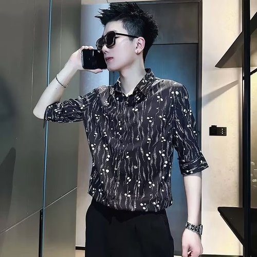Light Luxury High-End Summer Ice Silk Men's Long-Sleeve Shirt, Thin Print Business Casual Men's Iron-Free Shirt