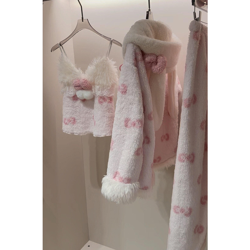 Soft and Waxy Bow Printed Rabbit Ears Hooded Plush Pajamas for Women Autumn and Winter New Warm Home Clothes Three-Piece Set