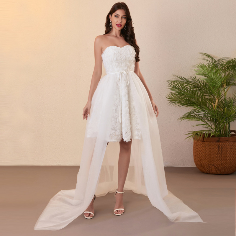 Amazon Cross-Border White Strapless Wedding Dress with Rose Flower Design, Short Style, Two-Piece Set with Trailing Tail, Three-Dimensional Embroidery, Light Luxury