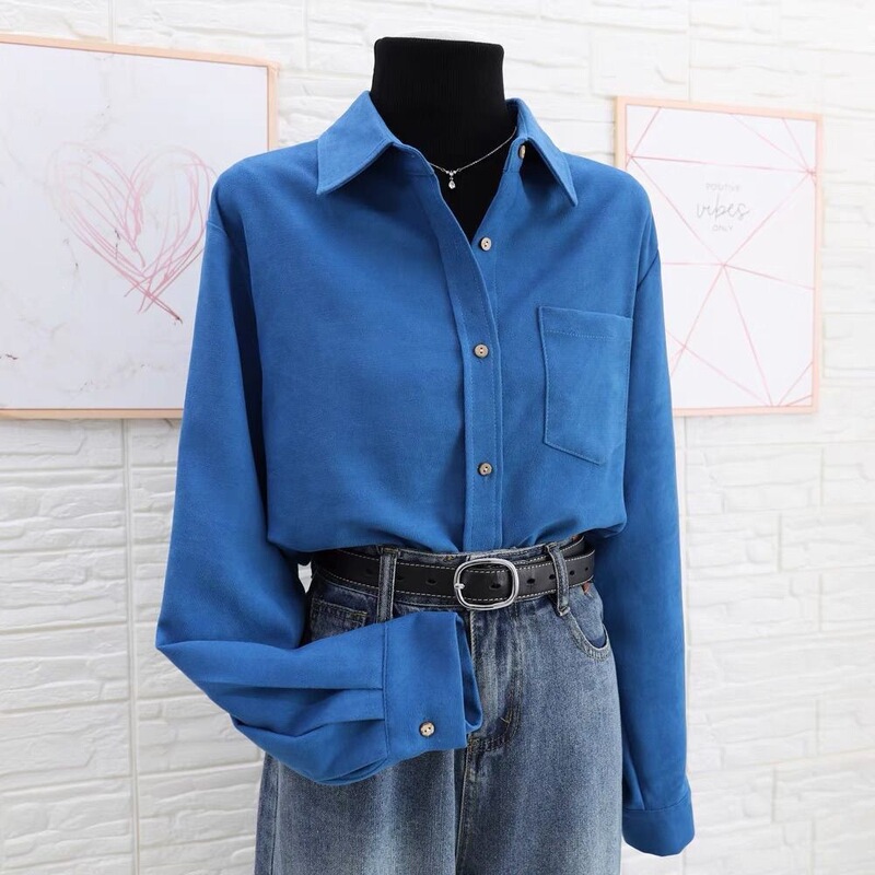 2024 Autumn/Winter Thickened Layered Shirt for Women, High-End Klein Blue Brushed Fabric Shirt Jacket