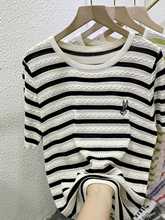 条纹针织衫冰丝短袖t恤女士2025夏装新款时尚洋气上衣服缕空女装