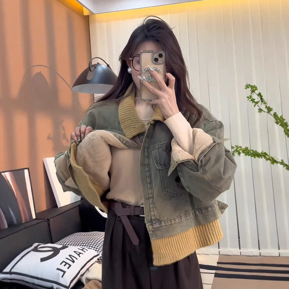 미국 레트로 게으른 스타일 명암 옷깃 데님 코트 여성 가을 겨울 기모 새로운 캐주얼 기모 직접 판매