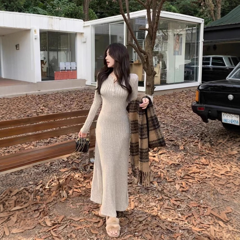 Vintage Slim-fit Shoulder Long-sleeved Knitted dress Women's Spring and Autumn Base Skirt chubby girl Slimming Long Skirt Niche Skirt