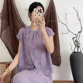 花社短款中式国风下摆开叉苎麻短袖衬衫女2026夏季薄上衣气质别致