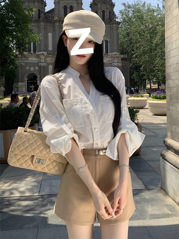 白色口袋衬衫套装女高腰显瘦短裤两件套装2025气质淑女|undefined