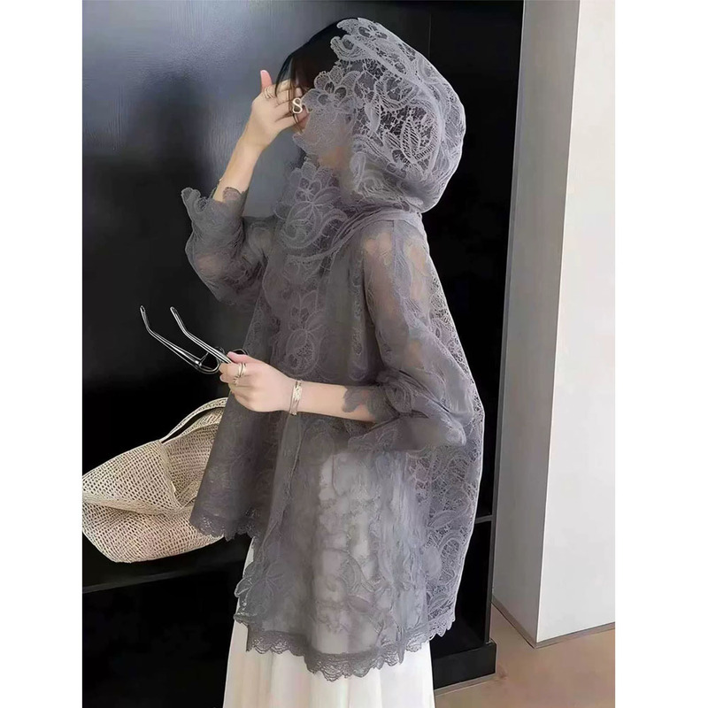 French-Style Romantic Gray Lace Crochet Sun-Protective Shirt for Women, New Stylish Semi-Transparent Design, Slimming Hooded Top for Summer