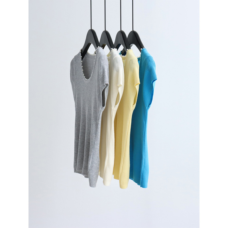 Elegant Pearl U-Neck Short-Sleeve Knit Top, Summer Slim-Fit Pullover, Linen and Wool Blend Shirt, T-Shirt Base Layer