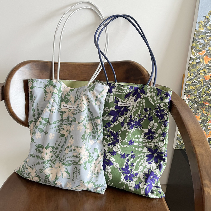 Summer Fresh Floral Bag Niche Design Pu Shoulder Strap Shoulder Bag Forest Style Commuter Women's Bag Thin Combed Cotton Bag