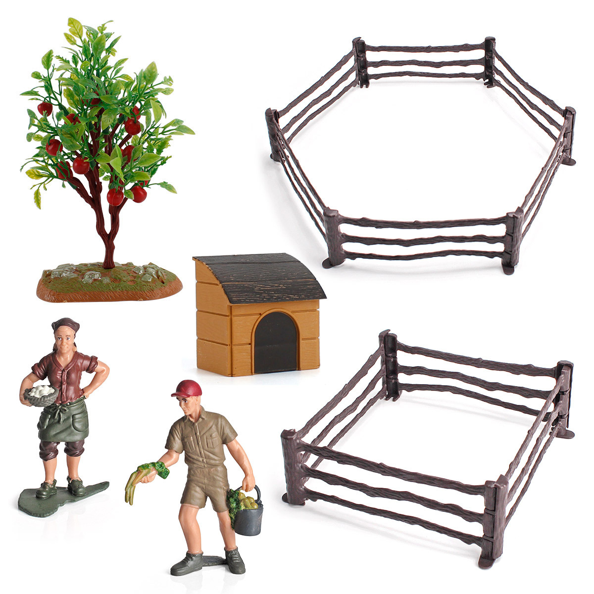 Cruce de aves de corral criador perro cerca de la casa árbol frutal fruta vegetal 36 piezas conjunto simulación granja escena decoración modelo