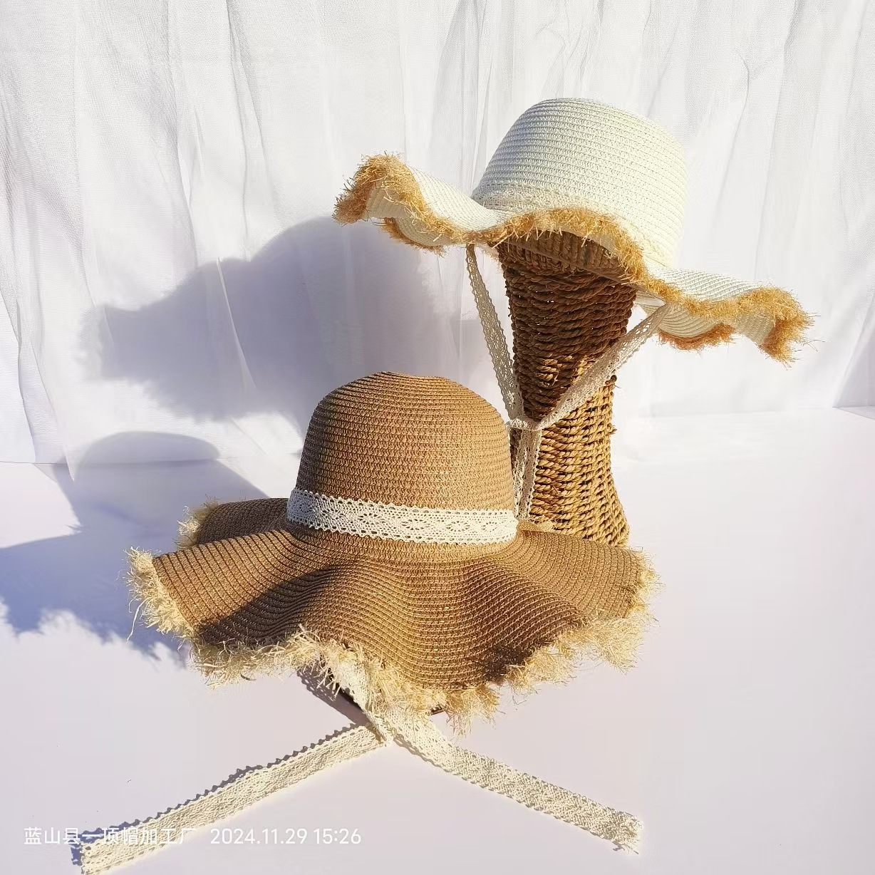 法式系带草帽女夏毛边拉菲草帽子蝴蝶结沙滩赫本风蕾丝太阳帽大沿