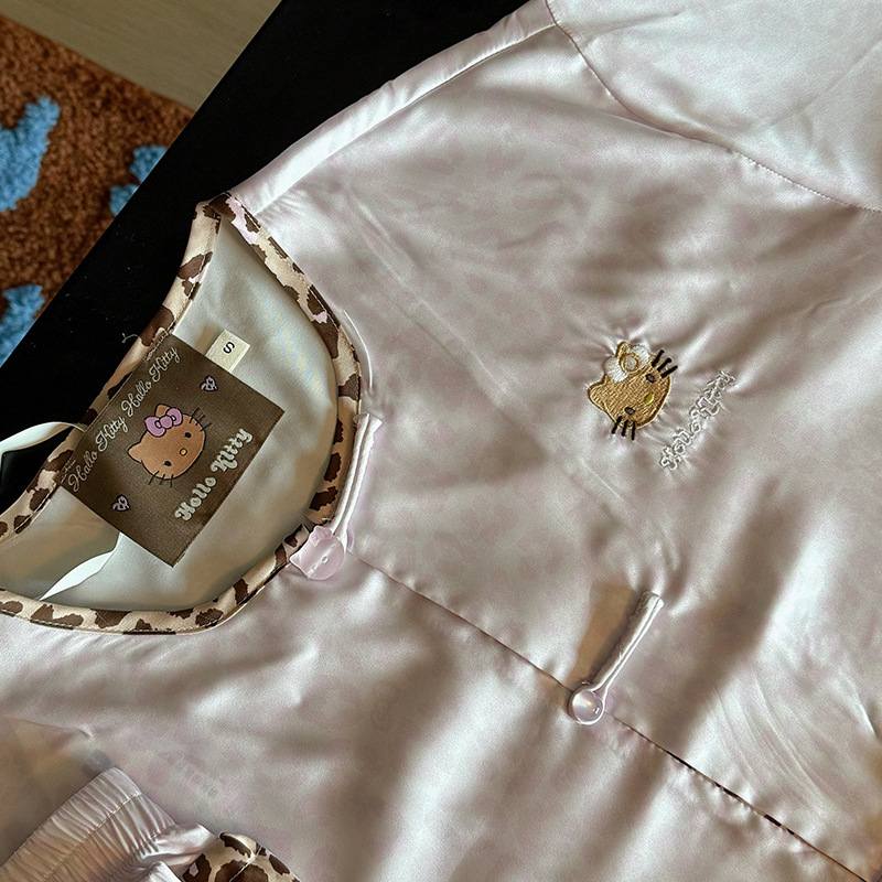 野家同款新中是豹纹KT缎面睡衣套装女春秋家居服套装长袖|undefined