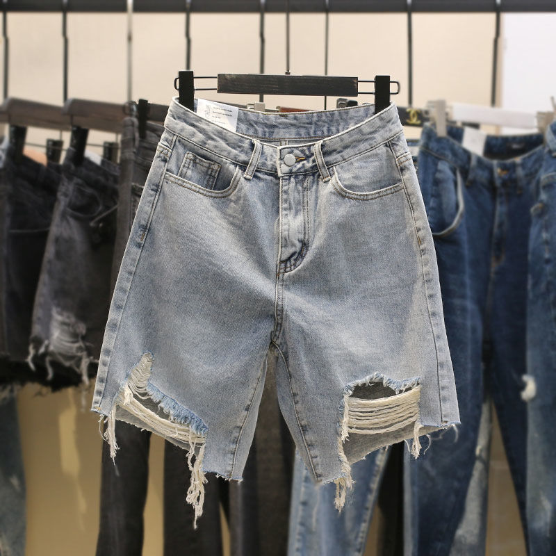 Ripped 5-Point Denim Shorts for Women with Raw Edges, Plus-Size High-Waisted Slimming A-Line Shorts, Loose and Thin for Summer