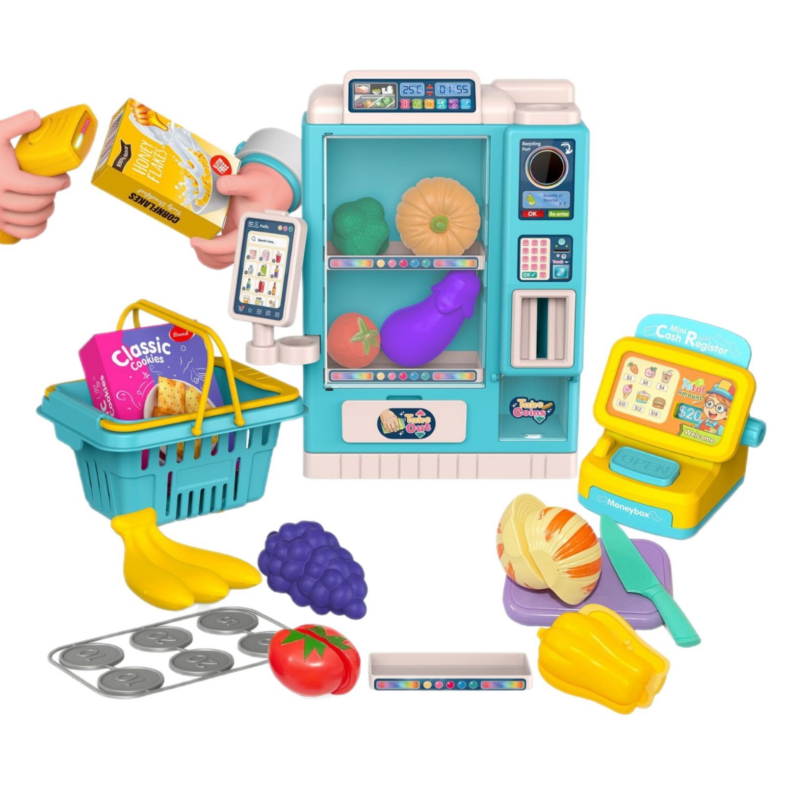 Transfronterizos niños simulan hamburguesas pastel de fruta pan mini supermercado cajero vendedor casera cesta de compras