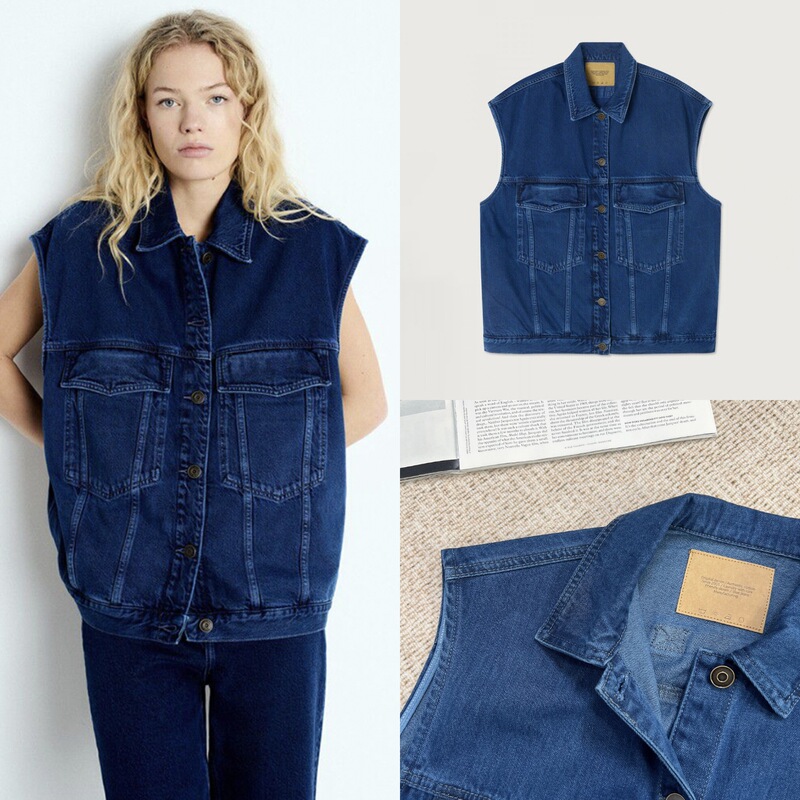 House Spring/Summer Vintage Lapel Loose Fit Denim Vest Sleeveless Jacket Cardigan Vest for Women