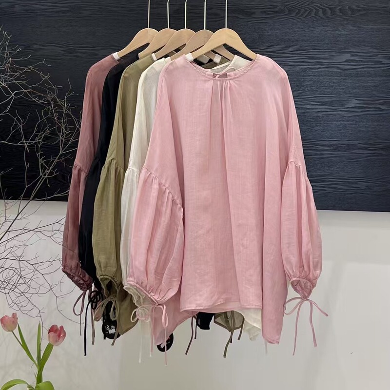Japanese Style Spring and Summer Ramie Retro Art Lantern Sleeve Long Sleeve Design Sense Loose Slim Shirt Top