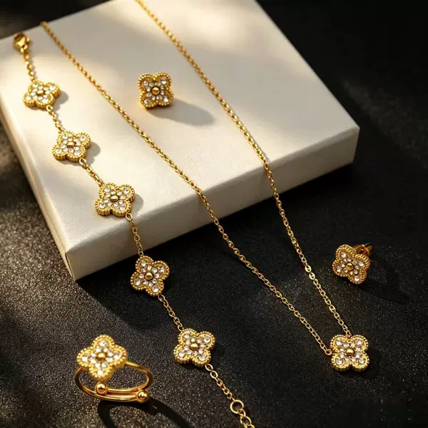 Cross-Border Double-Sided Four-Leaf Clover Diamond-Encrusted Bracelet, Necklace, Earrings, and Ring Four-Piece Set, 18K Gold Niche Design Light Jewelry