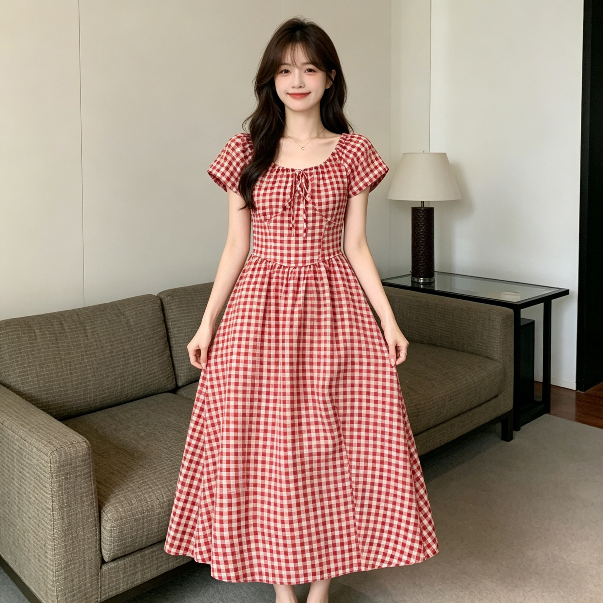 French-style Vintage Red Plaid For Women, New Summer Model, High-end, Waist-cinching, Slimming, Elegant, Resort-style_ecoleips.com