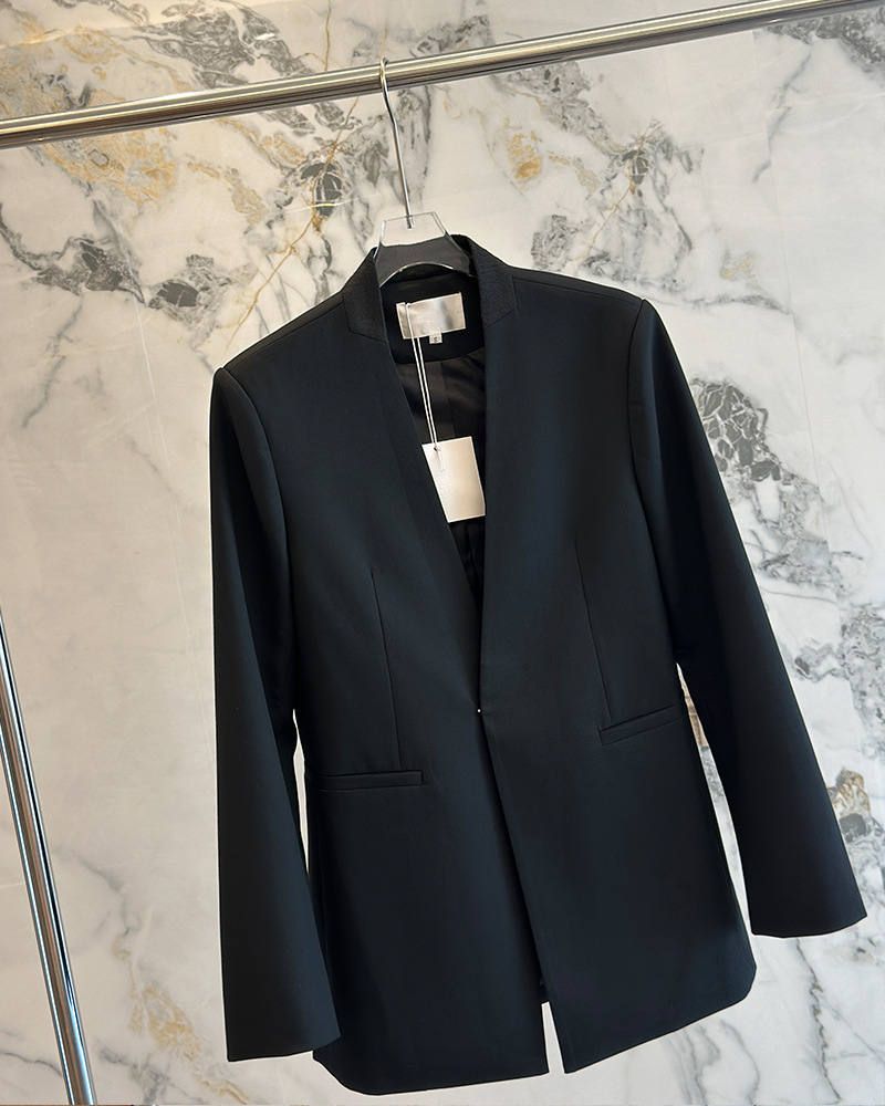 European American Wool Blazer For Women, Loose Fit, No Buttons, Minimalist Black Suit Jacket, Spring And Autumn_ecoleips.com