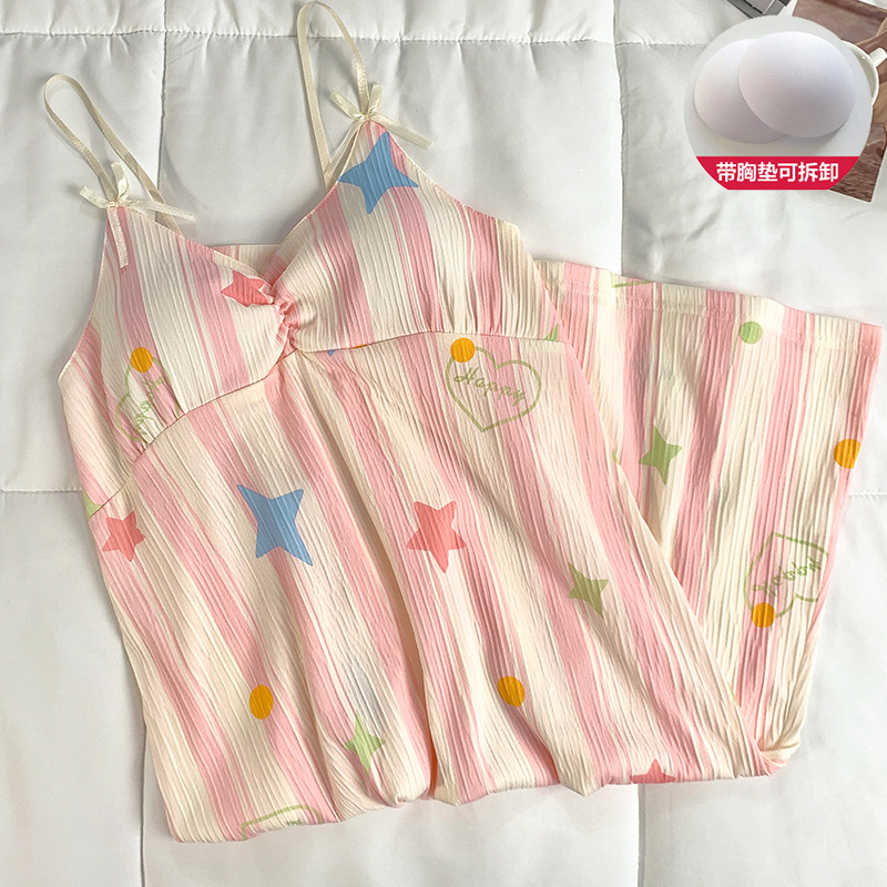 Con almohadilla para el pecho, camisón para el hogar, falda media para mujer, linda estrella a rayas, dulce casual, verano nuevo camisón fino al por mayor