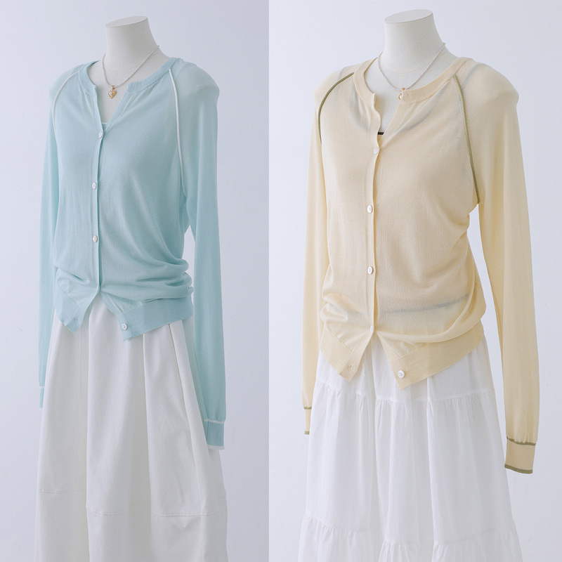 Minimalist Style Scissor Collar Buttoned Lyocell Tencel Knit Cardigan for Women, Color-Blocking Slim-Fit Long-Sleeve Casual Top Cardigan