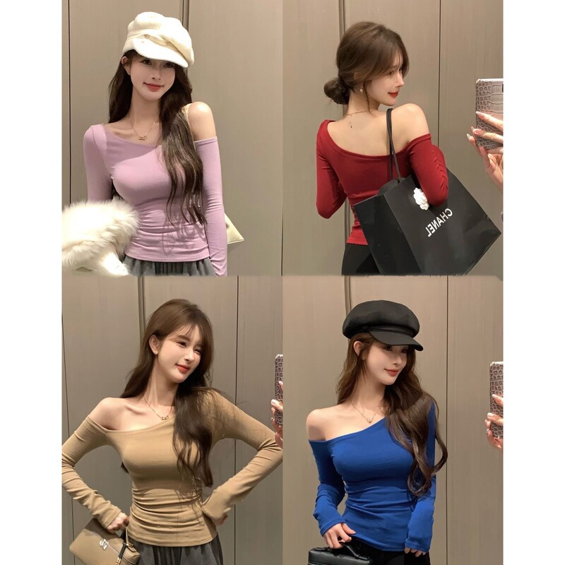 Women's elegant and stunning long-sleeved, waist-cinching, off-the-shoulder top for autumn and winter, perfect as an inner layer or base shirt, in trendy taro purple and Christmas red