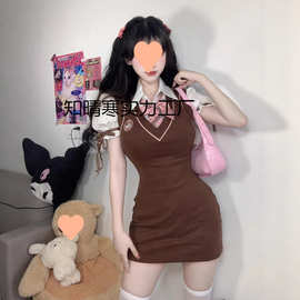 新款夏季纯欲学院风连衣裙美式包臀裙辣妹女学生假两件裙子女