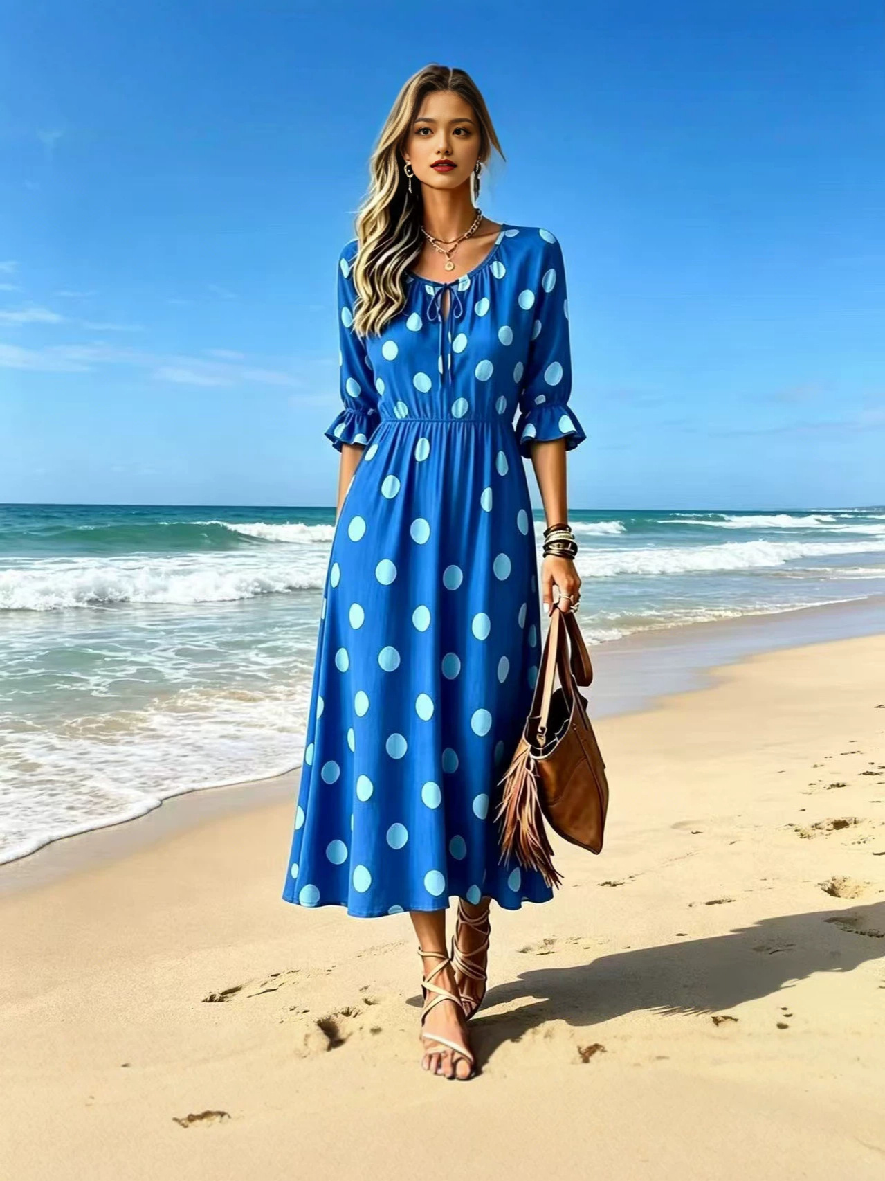 2026 New Cross-Border Women's Fashion European and American Style Waist-Cinching Slimming Mid-Length Resort-Style Polka Dot Print Dress
