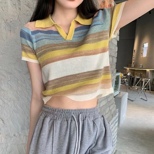 New  Summer Rainbow Striped Contrast Collar Knit Short Sleeve Top