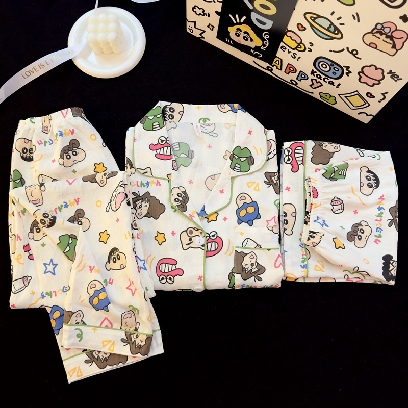 Cute Crayon Shin-Chan Pajamas for Women, Summer Pure Cotton Gauze Cartoon Student Short-Sleeved Three-Piece Set, Loose Home Wear