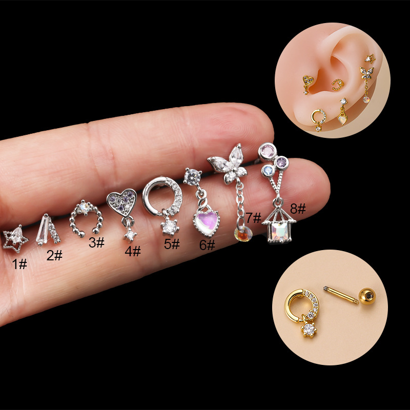 2 pezzi di Henson in acciaio inossidabile a doppia testa con vite per orecchio, amore, farfalla, zircone, moda, versatili orecchini a bottone singoli_voghion.com