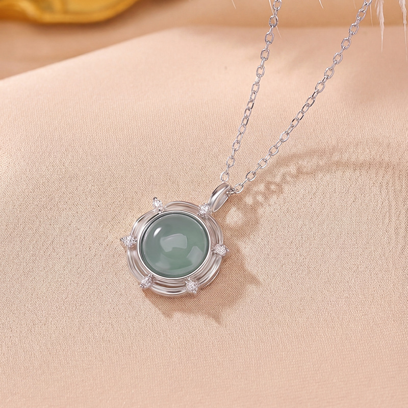 Dây chuyền bạc S925 mặt ngọc lục bảo tròn cạnh sóng, thiết kế đòn xương đòn sang trọng (kèm chuỗi) — Bộ chuỗi