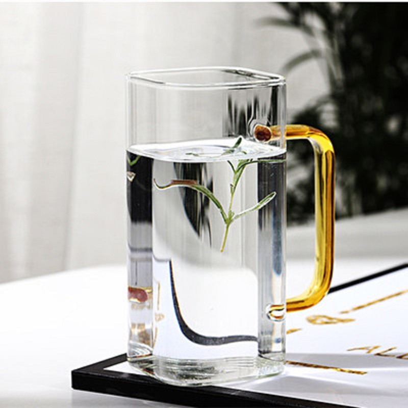 Color cuadrado mango vidrio ins estilo cuadrado taza de té verde con mango taza de desayuno resistente a altas temperaturas creativo café taza de leche