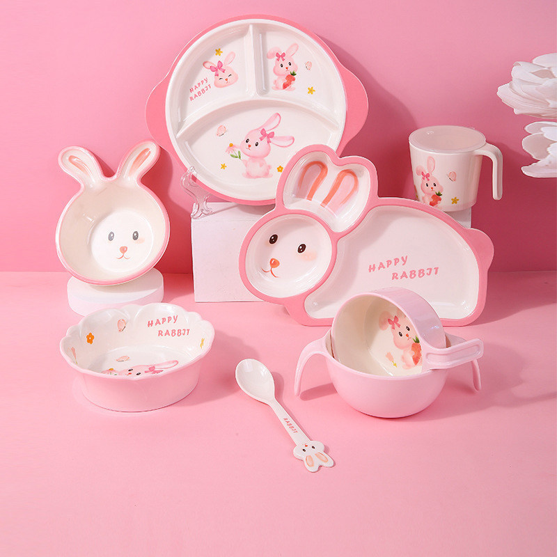 Wuhe Little Rabbit Children's Tableware Cute Pink Rabbit Bowl with Handle Baby Bowl Double-Ear Divided Plate with Lid Water Cup Spoon