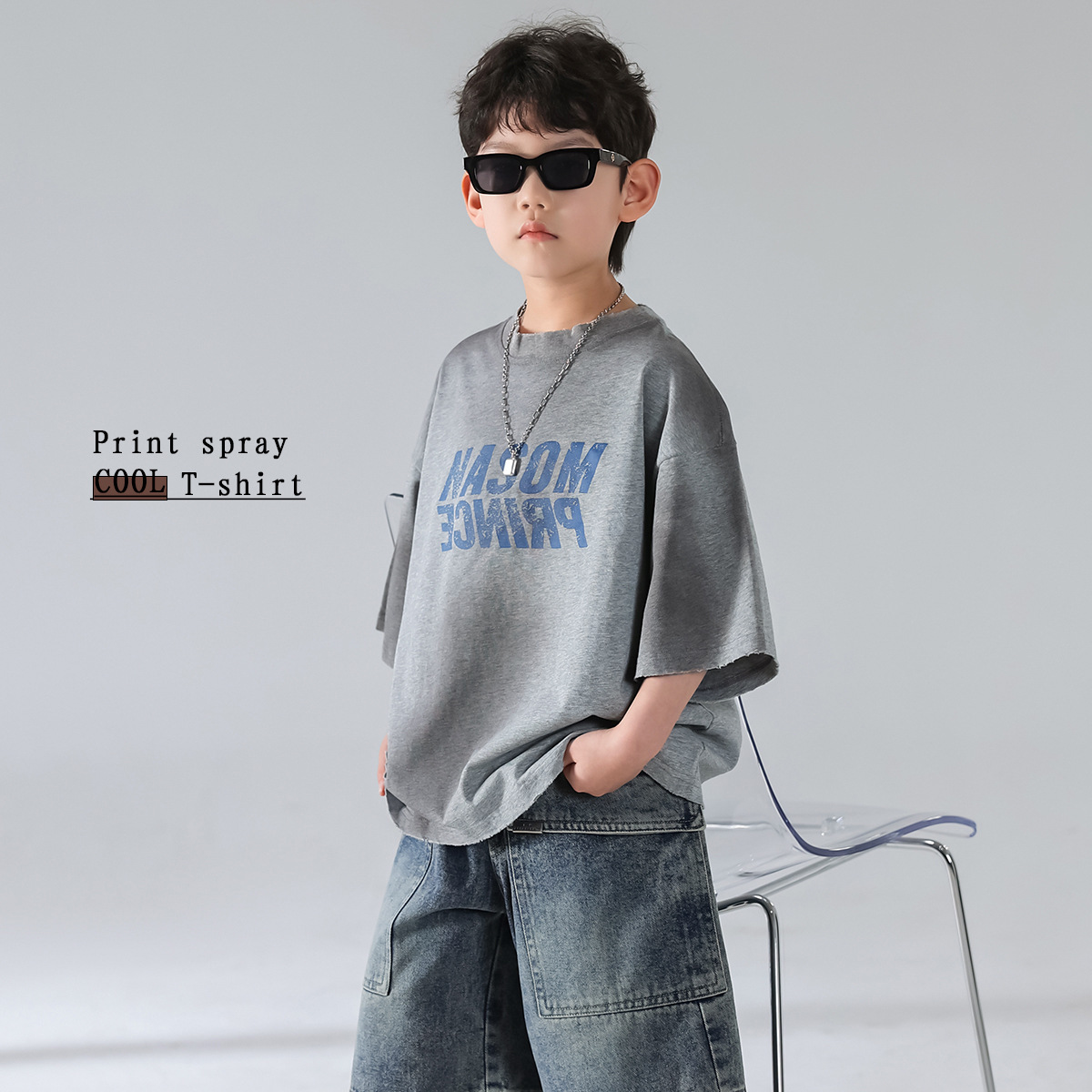 Boys' Summer T-Shirt Children's Korean Style 2026 New Summer Short-Sleeve Set Sports Denim Shorts Children's Trendy Clothing