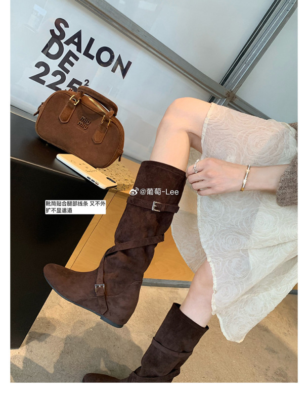 内增高6CM~真皮复古堆堆西部牛仔靴圆头扣带柔软褶皱显瘦中筒靴女|undefined