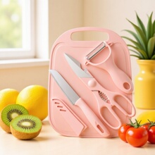 不锈钢水果刀四件套 厨房刀具 家用切菜刀削皮刀瓜刨糖果色案板