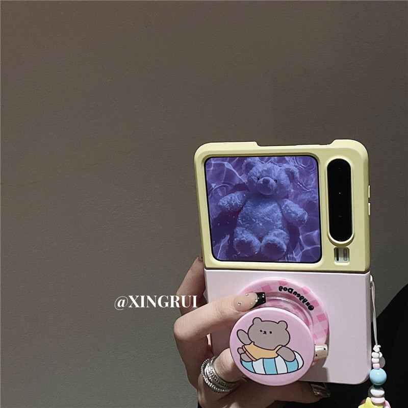 Cute Color-Block Magnetic Swimming Ring Bear Stand Suitable for Huawei Pocket 2/S Foldable Screen Purax Phone Case Xiaomi Mix Flip Full Cover Samsung Galaxy Z Flip 6/5 Full Cover for Women