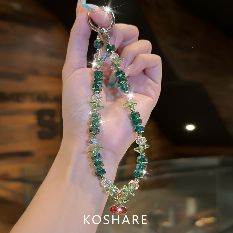 Cereza verde verano flash cadena de teléfono móvil lujo ligero de alto nivel sensación bolsos de cristal colgante colgante de mano colgante de chicas colgante creativo