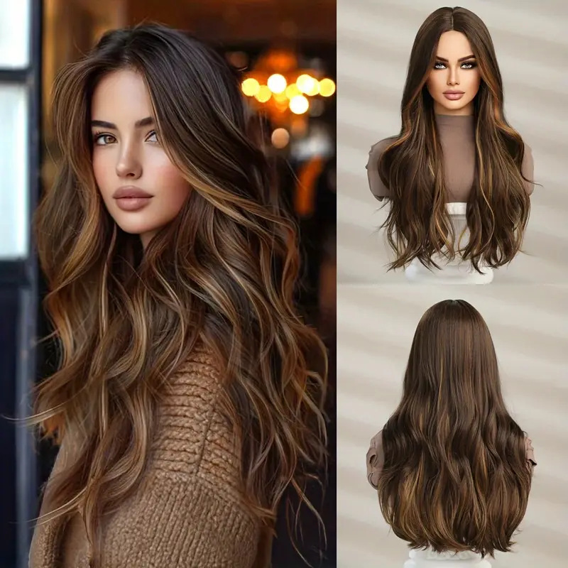Nueva peluca de mujer de estilo europeo y americano a la moda con reflejos colgantes en la oreja, pelo largo y rizado de parte media marrón oscuro, tocado completo, stock listo para fábrica