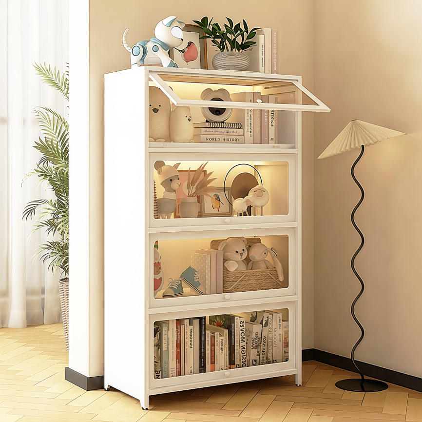 Bookcase with Steel Art, Floor-To-Ceiling Glass Doors, Flip-Top Bookshelf, Storage Rack, Display Rack, Children's Picture Book Shelf, Tempered Glass