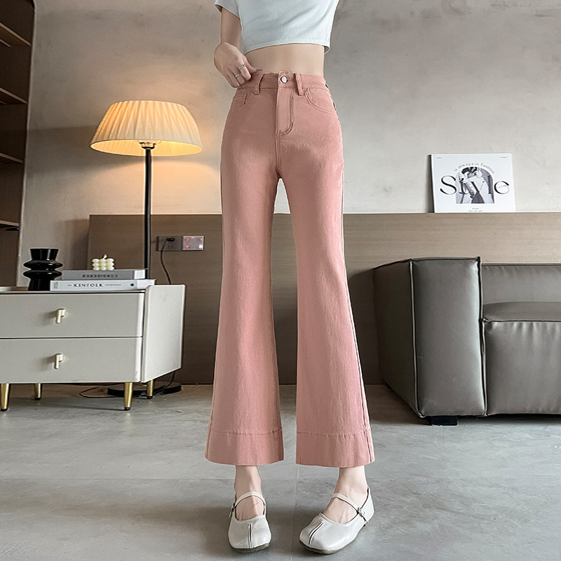 Pink Micro-flared Jeans Women's Summer Thin 2024 New High Waist Slimming Eight-point Nine-point Elastic Flared Pants